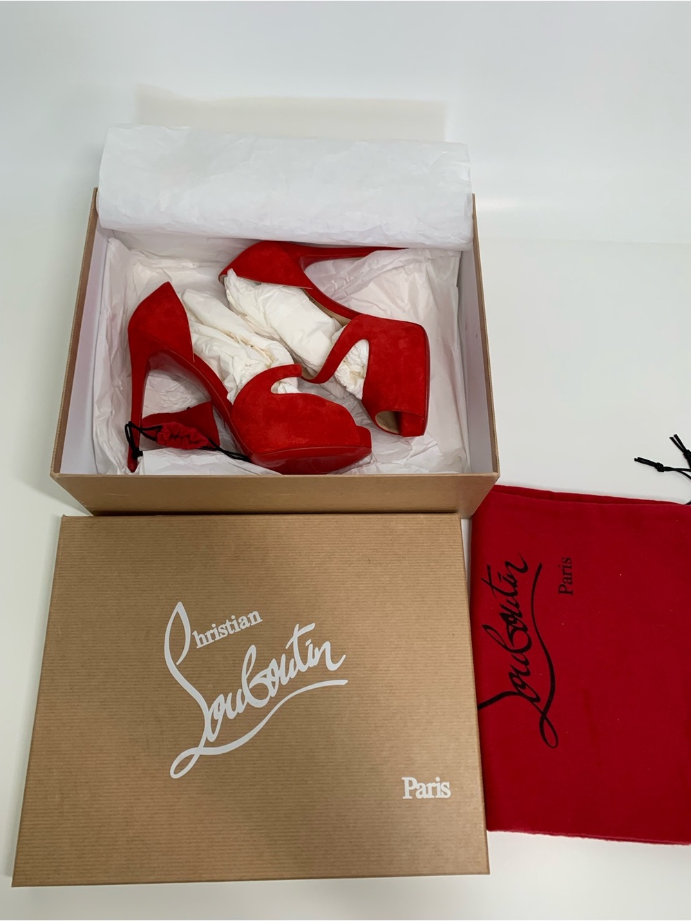 Christian Louboutin Red Suede Platform Peep-Toe Stilettos